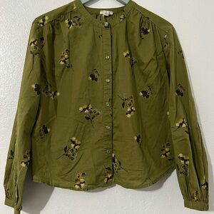 a.n.a / Floral / Button-Up Blouse / green/ collarles